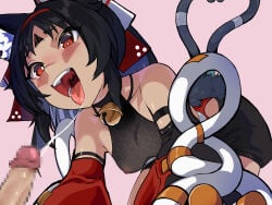 1boy 1girl animal_ear_fluff animal_ears barcode barcode_tattoo bell black_hair black_shorts blush breasts cable cable_tail cat_ears cat_girl cat_tail censored commentary_request dark-skinned_female dark_skin detached_sleeves facial_mark forehead_mark forehead_tattoo hairband heart heart_tail highres jingle_bell mechanical_tail mosaic_censoring multiple_tails nat_(nashumash) neck_bell nekomiya_mana nipples open_mouth penis red_eyes red_hairband saliva see-through_clothes see-through_shirt shirt shorts solo_focus tail tattoo teeth tongue tongue_out triangle triangle_facial_mark two_tails zenless_zone_zero