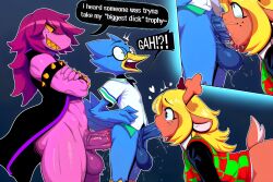 <3 ai_generated anthro anthro_on_anthro anthro_penetrated anthro_penetrating anthro_penetrating_anthro antlers avian balls berdly big_balls big_penis bird blonde_hair blue_balls blue_body bodily_fluids bottomless breasts butt capreoline clothed clothing deep_throat deltarune dialogue english_text erection fellatio female freckles genital_fluids genitals grin group gynomorph gynomorph_penetrating hair hellsonger horn humanoid_genitalia male male_penetrated male_penetrating male/female mammal noelle_holiday oral oral_penetration penetration penile penis reindeer reptile saliva scalie sex shirt smile speech_bubble spiked_armband spiked_bracelet spikes susie_(deltarune) sweat teeth text topwear trio undertale_(series) vein veiny_penis vest