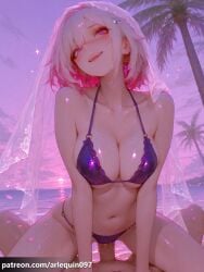 ai_generated arlequin097 topaz_(honkai:_star_rail) honkai:_star_rail mihoyo 1girl breasts looking_at_viewer blush smile short_hair open_mouth large_breasts hair_ornament 1boy navel cleavage bare_shoulders jewelry purple_eyes collarbone swimsuit pink_hair white_hair :d hetero bikini multicolored_hair earrings outdoors sky penis solo_focus shiny sex stomach vaginal tree wet shiny_skin pov halterneck straddling girl_on_top veil o-ring cowgirl_position glint palm_tree purple_bikini o-ring_bikini