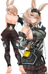 radioneet avywenna_(arknights:_endfield) arknights:_endfield 1girls female light_skin light-skinned_female kemonomimi animal_ears rabbit_ears rabbit_tail blonde_hair blue_eyes highres standing barefoot feet tiptoes ass butt thighs bare_shoulders bare_back facing_away looking_back looking_at_viewer looking_back_at_viewer wagging_tail tail_wagging posing hand_on_own_neck smile smirk grin confident confident_smile skirt pants pantyhose seductive gloves elbow_gloves uniform sideboob breasts big_breasts no_bra armpits blush eyelashes head_tilt hair_between_eyes hairband topless tail white_background pulling_clothing excited solo female_only medium_hair no_shoes