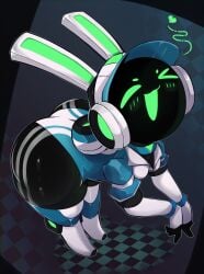 ass bent_over big_ass bodysuit bunny_ears cap glowing_eyes green_eyes headgear headphones imerald_ original project_turboblast robot robot_girl robot_humanoid screen_face slim_waist small_breasts tagme tagme_(character) tempo_(project_turboblast) thick_thighs viewed_from_above voluptuous wide_hips