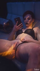 1girls 3d 3d_(artwork) aurore_cassel black_lipstick cd_projekt_red cyberpunk_2077 cyberpunk_2077:_phantom_liberty female female_focus female_only freckles french french_female light-skinned_female light_skin lipstick lying open_legs pale-skinned_female pale_skin panties_aside pussy red_eyes short_hair spread_legs takerskiy yellow_eyes