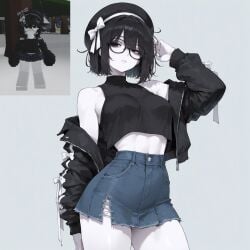 1girls 1girl cl4wny ai_generated ai_assisted 2d 2026 roblox robloxian roblox_avatar commission commission_art medium_breasts short_hair black_hair white_body white_skin jacket stomach belly slim_waist perfect_body topwear beret hat skirt jean_shorts black_eyes glasses pose posing off_shoulder jacket_off_shoulders