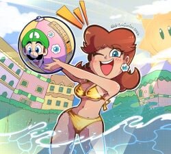 drivojunior princess_daisy luigi mario_(series) swimsuit gold_bikini bikini legs groin breasts smile sassy wink blue_eyes flipped_hair brown_hair pool water playing pov swimming blush flower_earrings earrings delfino_plaza sun shine_sprite beachball ball curvy tomboy nintendo armpits young young_girl energetic