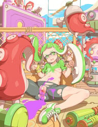 anus bangs bike_shorts blunt_bangs bondage censored female green_eyes green_hair headphones highres inkling inkling_girl long_hair mask navel nintendo nipples octarian open_mouth paint payot pussy rope shoes sitting small_breasts sneakers solo splatoon spread_legs squid super_soaker tenako tentacle_hair tied_hair torn_shorts twintails urethra