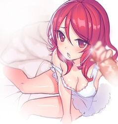 alternate_eye_color blurry blush breasts cleavage female handjob lingerie looking_at_viewer love_live! love_live!_school_idol_project medium_breasts negligee nishikino_maki off_shoulder open_mouth penis red_eyes red_hair saidyiiii saliva saliva_trail sitting underwear