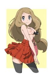 1girls 2d areolae artist_request black_legwear black_thighhighs blonde_hair border breasts brown_hair edited female female_only hi_res human human_only ia_(ilwmae9n) light-skinned_female light_skin long_hair looking_at_viewer nipples outside_border pleated_skirt pokemon pokemon_xy red_skirt serena_(pokemon) serena_(pokemon_games) sexy simple_background skirt smile solo thighhighs topless very_long_hair white_border