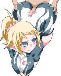 1boy blonde_hair blue_eyes bodysuit breasts buttjob covered_buttjob female gundam gundam_build_fighters gundam_build_fighters_try hair hoshino_fumina male ohako penis ponytail skin_tight straight tied_hair