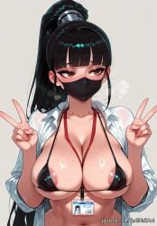 1girl 2026 ai_generated anime areola_slip bangs bikini black_bikini black_hair blunt_bangs blush boobs breasts brown_eyes cleavage collarbone collared_shirt covered_nipples crossover double_v eve_(stellar_blade) female female_focus flushed grey_background highres huge_breasts id_card lanyard large_breasts long_hair looking_away looking_to_the_side mask micro_bikini midriff mouth_mask navel nsfw open_clothes open_shirt patreon ponytail rognezart shift_up shirt simple_background skindentation solo stellar_blade sweat sweaty swimsuit upper_body v very_long_hair white_shirt
