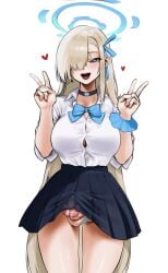 1futa asuna_(blue_archive) asuna_(school_uniform)_(blue_archive) blue_archive button_gap cleaning_&_clearing_(blue_archive) double_v futa_only futanari light-skinned_futa light_skin millennium_science_school_student norunollu skirt wardrobe_malfunction