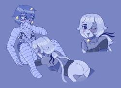 crocodilianbooty zombie_land_saga mizuno_ai konno_junko bandages patchwork_skin zombie zombie_girl yuri cunnilingus body_hair pubic_hair armpit_hair flowers_in_hair heart-shaped_pupils licking_pussy drooling winking_at_viewer blushing covering_mouth lichtenberg_figure limited_palette simple_background tongue_out twintails_(hairstyle) cum_in_mouth nude female_only