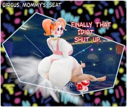 1boy 1girls 3d baby_(fnafsl) blender blush circus_baby circus_baby_(fnaf) circus_mommy circus_mommy_2.0_(anthony_blender) closed_eyes closed_mouth clown clown_girl crossed_legs dialogue earrings facesitting five_nights_at_freddy's five_nights_at_freddy's:_sister_location freckles freckles_on_face heels high_heels human jordevoir larger_female leggings lipstick makeup necklace nude_male orange_hair robot robot_girl sitting sitting_on_face sitting_on_person size_difference smaller_female straight thumbs_up underwear