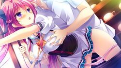 blush breast_grab breasts censored female game_cg kanojo_ga_ore_ni_kureta_mono._ore_ga_kanojo_ni_ageru_mono. kojima_neneko large_breasts long_hair mosaic_censoring onomatope open_mouth panties pink_panties purple_eyes pussy red_hair school_uniform shiratama underwear uniform