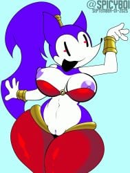 needlemouse_(series) sonic.exe_(series) sarah_henderson_(needlemouse) needlemouse_(character) shantae_needlemouse shantae_(cosplay) spicyboi dated twitter_username female 1girls blue_background anthro purple_fur white_skin ponytail black_eyes cuffs o-ring_top o-ring breasts big_breasts nipples areolae purple_nipples pants pussy purple_pussy thick_thighs tagme