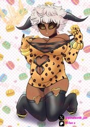 anime anime_girl anime_style background black_body black_sclera brown_body chubby confused demon demon_girl demon_horns demon_tail dress elf-san_wa_yaserarenai goat_eyes goat_horns gold_jewelry heart hearts heels leopard leopard_print leopard_spots satero short_hair stockings white_hair yellow_eyes
