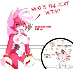 2018 2girls 3dboxing ? anthro big_breasts big_ears boxing boxing_gloves boxing_ring breasts brown_fur canine comic confusion cream_boxing_gloves cream_gloves english_text fangs female fur furry gloves large_breasts looking_at_viewer lycanroc mammal midday_lycanroc midnight_lycanroc mostly_nude navel nintendo nipples nude open_mouth pink_eyes pink_sclera pokémon_(species) pokemon pokemon_sm pussy red_eyes red_fur simple_background solo tail text tongue tongue_out topless topless_boxing video_games white_background wide_hips