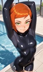 aged_up ai_generated ben_10 blush bodysuit female female_only green_eyes gwen_tennyson latex latex_clothing mature_female paid_reward_available patreon petite petite_body png pool poolside red_hair sebassart seductive self_upload sexy spandex sweat sweatdrop swimsuit thick_thighs thin_waist tight_clothing tight_fit unitard water wetsuit