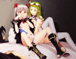 2girls :p blush boots bow bow_panties breasts brown_eyes cape censored eventh7 female fingering goggles goggles_on_head green_hair grey_legwear hair_ribbon hand_in_another's_panties hand_in_panties has_uncensored_version hat highres licking_lips long_hair multiple_girls navel nipples no_panties on_bed original panties pillow pointy_ears pussy ribbon silver_hair sitting striped striped_legwear striped_panties tears thighhighs tied_hair tongue tongue_out twintails underwear vertical-striped_legwear vertical_stripes wavy_mouth witch_hat wrist_cuffs yuri