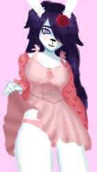 1girl 1girls dress dress_lift flashing flashing_panties fur furry hybrid panties pink_panties pressure_(roblox) purple_eyes purple_hair rabbit_ears rabbit_nose smile smiling smiling_at_viewer wet_panties woman woman_focus woman_only woman_solo zerum