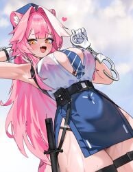 gurumie hololive hololive_english raora_panthera commentary english_commentary highres 1girl animal_ears animal_print arm_up belt belt_pouch black_belt blue_hat blue_necktie blue_skirt blue_sky blush bra bra_visible_through_clothes breasts cloud cloudy_sky covered_navel cuffs day fang gloves hair_intakes handcuffs hat heart holding holding_handcuffs large_breasts leopard_print leopard_print_bra long_hair looking_at_viewer multicolored_hair necktie open_mouth panther_ears panther_girl panther_tail pink_bra pink_hair pink_tail police police_hat police_uniform policewoman pouch print_bra shirt side_slit skin_fang skirt sky smile solo streaked_hair striped_clothes striped_necktie sweat tail thigh_strap thighs tongue underwear virtual_youtuber white_gloves white_shirt yellow_eyes