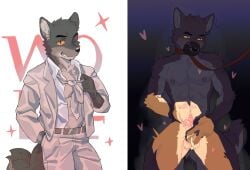 cyclic_cyan mr._wolf_(the_bad_guys) the_bad_guys color colored 2d gay gay_male gay_domination male male_only male/male male_focus anthro anthro_on_anthro furry furry_only dominant dominant_male domination submissive submissive_male yaoi collar slave slave_collar tattoo tattoos tattoo_on_chest nipples nipple_piercing piercing piercings pierced_nipples before_and_after instant_loss_2koma instant_loss cum cum_inside cum_drip precum muscular muscular_male chastity_cage chastity_device chastity wolf wolf_ears wolf_tail wolf_humanoid domination_loss