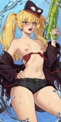 1girls allen_skies02 bikini blonde_hair blush eater female hand_on_hip hat jacket long_hair navel nipples open_mouth original pointy_ears purple_eyes sharp_teeth short_shorts shorts small_breasts solo swimsuit twintails untied_bikini water_gun