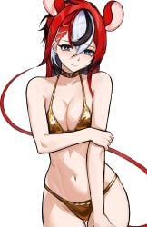 alternate_costume animal_ears black_hair blue_eyes breasts breasts_squeezed_together cleavage female framed_breasts gold_bikini gold_choker golden_bikini hakos_baelz hakos_baelz_(snake_eyes) hand_on_arm hololive hololive_english hololive_english_-council- hololive_english_-promise- linea_alba long_hair mouse_ears mouse_girl mouse_tail multicolored_hair navel ponytail red_hair red_tail shoulders shy simple_background solo streaked_hair tail thin_waist ttsyrene virtual_youtuber white_background white_hair