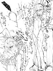 1girl 1other absurdres ahoge animal_ear_hairband animal_ears bare_legs blue_archive blush bow bowtie braid breasts clitoral_suction_vibrator collarbone commentary_request covered_navel detached_collar ear_piercing fake_animal_ears full-face_blush full_body groping hair_between_eyes hair_over_shoulder hairband halo height_difference high_heels highleg highleg_leotard highres huge_ahoge leotard neru_(blue_archive) neru_(bunny)_(blue_archive) nipple_stimulation nontraditional_playboy_bunny object_insertion ochairo official_alternate_costume open_mouth parted_bangs piercing pussy_juice rabbit_ear_hairband rabbit_ears sex_toy short_hair_with_long_locks sidelocks single_braid small_breasts sound_effects standing strapless strapless_leotard sweat translation_request vaginal vaginal_object_insertion vibrator x-ray