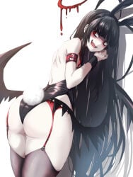 1girl big_ass blue_archive blush bunny_tail bunnysuit halo komena_(shinyday312) long_hair red_eyes sharp_teeth solo_female tsurugi_(blue_archive) wings
