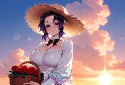 1girl clothing female purple_hair rose basket solo white_dress cleavage kochou_shinobu breasts looking_at_viewer purple_eyes headwear flower holding large_breasts outdoors sky smile straw_hat hat red_rose long_sleeves black_hair red_flower dress cloud holding_basket blush upper_body multicolored_hair bow short_hair blue_sky frills sun black_bow closed_mouth lens_flare glint bowtie sunset frilled_dress square_neckline puffy_long_sleeves taut_clothes frilled_collar black_bowtie cloudy_sky makeup sunlight day lips eyelashes gradient_hair parted_bangs puffy_sleeves white_choker alternate_costume half-closed_eyes sun_hat gradient_sky detached_collar two-tone_hair sidelocks butterfly_hair_ornament light_particles pink_lips collar eyeshadow frilled_choker jewelry hat_flower sunrise 1girls ai_generated voluptuous_female voluptuous curvaceous curvaceous_figure curvaceous_female curvy curvy_figure female_focus balecxi demon_slayer kimetsu_no_yaiba uncensored