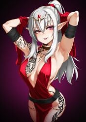 0odrosselo0 1girls alternate_color arm_tattoo breast_tattoo dark_persona ear_piercing eyes_of_grima fire_emblem fire_emblem_awakening jewelry leg_tattoo pink_eyes red_dress sideless_dress slit_pupils solo_female tattoo tiki_(adult)_(fire_emblem) tiki_(fire_emblem) white_hair