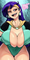 mighty_magiswords female cartoon_network vambre_warrior breasts big_breasts huge_breasts sagging_breasts purple_hair headband earrings red_eyes leotard sharp_teeth light-skinned_female cleavage open_mouth cape thick_thighs seductive seductive_look bedroom tagme alternate_version_available rabbitslides