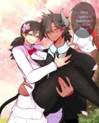 black_hair blue_eyes blush boobs_out bowtie breasts canon_couple ceofrieza clothed_sex comic dragon_ball dragon_ball_oc eye_contact female flirting male male_dominating_female missionary missionary_position original_character original_characters original_characters_only ox_horns partially_clothed partially_clothed_female partially_clothed_male r0nica_playss saiyan saiyan_female saiyan_tail side_view son_gochi_(ceofrieza) sound sweet_talking tagme tallfreezie tuxedo video voice_acted voice_acted_comic wedding_dress wholesome wholesome_sex