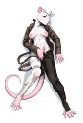 anthro belt blue_eyes blush bottomwear breasts clothed clothing commando feet female floating_limbs fur hi_res jacket lux_forest lying mammal mouse murid murine navel nipples on_back pants partially_clothed piercing rodent simple_background solo sovesute tail topwear trans_(lore) white_body white_fur