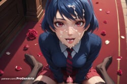 facial 1boy thighhighs hetero penis cum short_hair wariza red_eyes necktie skirt looking_at_viewer sitting flower school_uniform cum_on_hair hairband pov rose red_skirt petals black_hair solo_focus blue_hair breasts pleated_skirt open_mouth uncensored red_hairband sweater shirt blue_sweater patreon_username nose carpet indoors artist_name rose_petals black_thighhighs erection from_above medium_breasts no_shoes progenarts hi_res ai_generated domestic_na_kanojo tachibana_rui 1girls female 1boy1girl