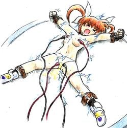 bondage bound_ankles bound_wrists closed_eyes electricity electrocution electrodes electrostimulation helpless mahou_shoujo_lyrical_nanoha nipple_clamps nipple_torture open_mouth panties peeing pussy_torture screaming shoes spread_eagle spread_legs takamachi_nanoha tied_hair topless twintails tyoujiya young