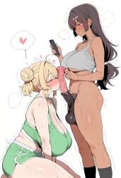 1futa 1girl :o absurdres ahoge ai ai_generated animal_genitalia animal_penis ankle_socks arm_support black_socks blonde_hair blush brown_hair crop_top dark-skinned_female dark_skinned_futa dolphin_shorts double_bun excessive_pubic_hair foreskin full-face_blush futa_with_female futanari green_eyes grey_eyes half-closed_eyes heart highleg highres holding_phone horse_penis huge_breasts kissing kissing_penis large_breasts long_hair looking_at_penis looking_down low-tied_long_hair mature_female midriff motion_lines navel nose_blush phone pubic_hair sagging_testicles seiza short_hair sidelocks simple_background sleeveless spoken_heart sports_bra sportswear standing steam steam_from_mouth steaming_body sweat sweatdrop testicles thighs underboob very_sweaty white_background
