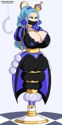 one_piece chess_piece chess queen bondage royal dress tied_up gold_jewelry gold_(metal) fancy_clothing big_breasts huge_breasts rope rope_bondage tight_bondage angry angry_face nefertari_vivi midnightundying_(artist) commission textless blue_hair stuck blue_clothing choker pearls gag gagged gagged_female female 1girls female_only female_focus