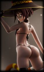1girls 3d ass bikini breasts brown_hair bubble_butt dkclaude3d female female_only from_behind g-string gloves kono_subarashii_sekai_ni_shukufuku_wo! konosuba looking_at_viewer medium_hair megumin red_eyes small_breasts solo swimsuit thighhighs thighs thong