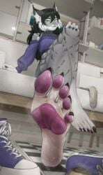 solo solo_focus female female_only clothed clothed_female anthro furry feet humanoid_feet pawpads foot_fetish foot_focus 5_fingers 5_toes pov looking_at_viewer bedroom_eyes offering_to_viewer long_hair black_hair grey_fur feline felid lynx felis_the_lynx_(character) dipstick_limbs countershading ear_tuft inner_ear_fluff cheek_tuft toe_claws toes shoes_removed socks_removed detailed_background hi_res absurd_res kinneru sweat sweating sweaty sweaty_feet steam steamy_feet musk musky_feet musk_clouds