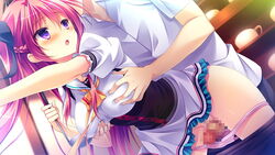 blush breast_grab breasts censored female game_cg kanojo_ga_ore_ni_kureta_mono._ore_ga_kanojo_ni_ageru_mono. kojima_neneko large_breasts long_hair mosaic_censoring onomatope open_mouth panties penis pink_panties purple_eyes pussy red_hair school_uniform shiratama underwear uniform