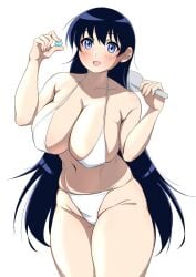 1girl arato_nagi bikini blue_eyes blush breasts commentary_request curvy highres huge_breasts imiin long_hair looking_at_viewer navel open_mouth ruri_no_houseki simple_background solo standing stomach swimsuit thick_thighs thighs white_background white_bikini