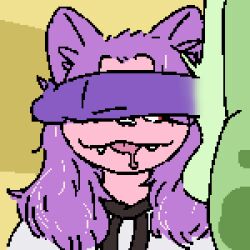 alien anthro balls bodily_fluids crotch_tuft domestic_cat drooling duo felid feline felis female genitals greebo_(tetrabyte) hair lilacfluffygoat mammal penis penis_in_face purple_penis saliva tongue tongue_out trans_(lore) trans_woman_(lore) tuft