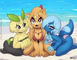 3girls anthro ass beach beach_background bikini black_eyes blue_body blue_hair blush breasts brown_eyes browt cleavage covered_nipples dog_ears dog_girl fangs game_freak gecqua habrow kneeling leaning_forward looking_at_another looking_at_viewer miori nintendo orange_fur orange_hair outdoors panties pink_eyes pokemon pokemon_(species) pokemon_ww pombon pomken pressing_breasts_together reptile reptile_humanoid rilex_lenov slim_waist smile tail tape thick_thighs tongue tongue_out wide_hips yellow_fur