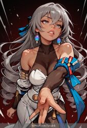 1girl breasts solo long_hair grey_hair jewelry bare_shoulders earrings grey_eyes large_breasts drill_hair parted_lips collarbone dress hair_between_eyes detached_sleeves white_dress covered_collarbone lips patreon_username outstretched_arm smile cleavage crossed_bangs bronya_rand honkai:_star_rail lunaink ai_generated