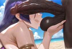 1boy 1girl ai_generated armlet bare_shoulders beach blue_sky blush caressing_testicles dark-skinned_male erection fate/grand_order fate_(series) fellatio from_side hetero huge_penis huge_testicles interracial kissing_penis large_breasts large_testicles long_hair minamoto_no_raikou_(fate) minamoto_no_raikou_(fate/grand_order) minamoto_no_raikou_(swimsuit_lancer)_(fate) naezolt ocean open_mouth outdoors penis_awe penis_on_face penis_over_eyes purple_bikini purple_hair solo_focus sweat testicle_grab testicle_sucking uncensored veiny_penis very_dark_skin watermark