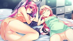 1boy 2girls bed blonde_hair blush breasts carrot_lu_angora censored closed_eyes collarbone cuddling flat_chest game_cg kanojo_ga_ore_ni_kureta_mono._ore_ga_kanojo_ni_ageru_mono. kojima_neneko large_breasts long_hair mosaic_censoring multiple_girls naked_towel navel nude onomatope pillow pussy red_hair shiratama sleeping smile thighs towel