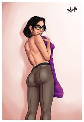 1girls ass back black_hair covering_breasts female glasses green_eyes highres holding_clothes looking_at_viewer looking_back miss_pauling pantyhose radprofile see-through short_hair smile solo standing team_fortress team_fortress_2 topless