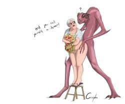 ? apron biting_own_lip cireplen demon elderly_female female female_penetrated flip_flops glasses granny grey_hair horns interspecies male oh_demon_fix_my_tv red_skin size size_difference smaller_female straight taller_male