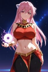 1girl ai_generated alternate_universe arm_at_side armlet bare_shoulders black_pants bracelet bracer breasts closed_mouth cowboy_shot crop_top egyptian_clothes elfen_lied energy_ball expressionless female frown god_of_destruction gold_bracelet gold_trim hair_between_eyes hand_up horns jewelry large_breasts long_hair looking_at_viewer lucy_(elfen_lied) magic midriff navel neck_ring night night_sky orb outdoors pants pelvic_curtain pink_hair pixiv red_eyes red_shirt red_skirt rena_aikawa_(pixiv_user) shirt sidelocks skirt sky sleeveless sleeveless_shirt solo stable_diffusion standing star_(sky) starry_sky stomach taut_clothes taut_shirt thighs usekh_collar very_long_hair white_horns